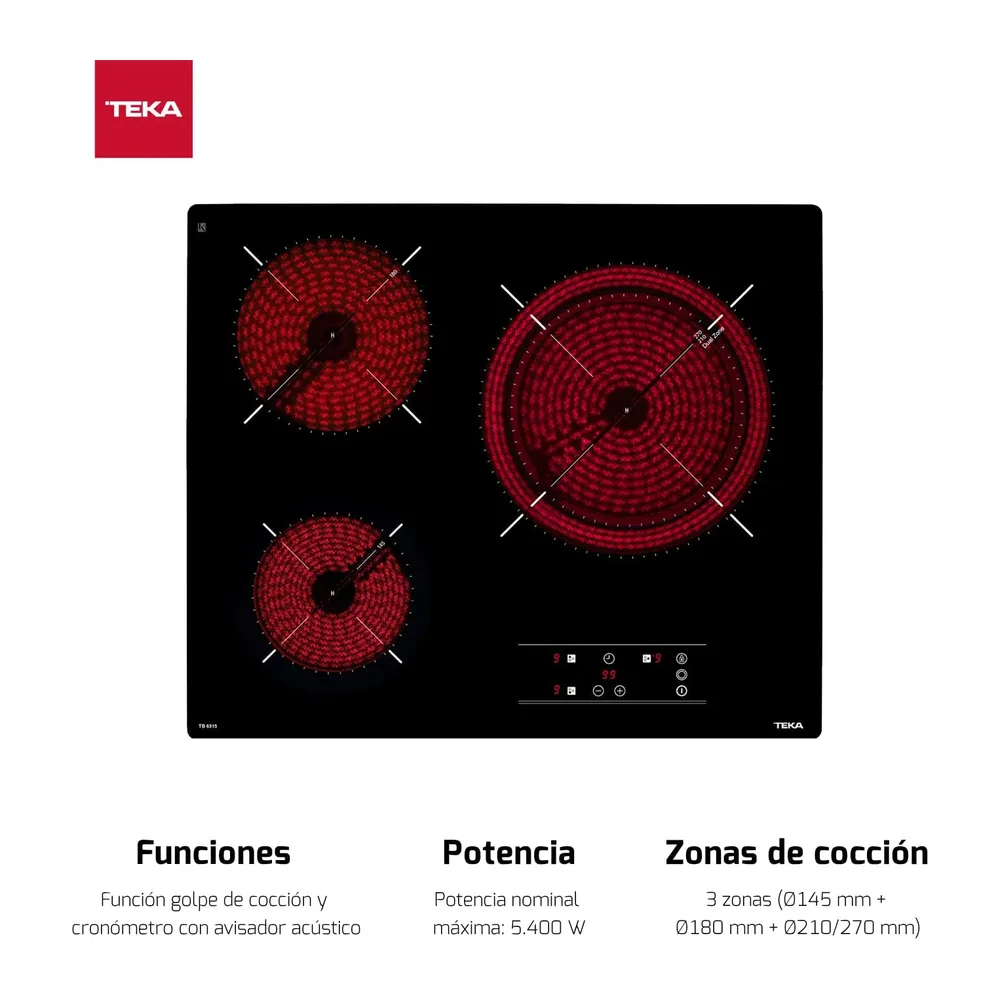 TEKA Placa Vitrocerámica 60 cm, 3 Fuegos, Touch Control, Función Stop & Go, Indicador de Calor Residual, — 3