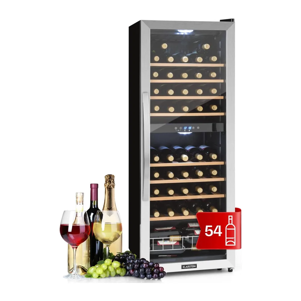 KLARSTEIN Vinoteca, 54 Botellas, Nevera Vinos de Dos Zonas Refrigeración, Nevera Expositora Vino y Cerveza,