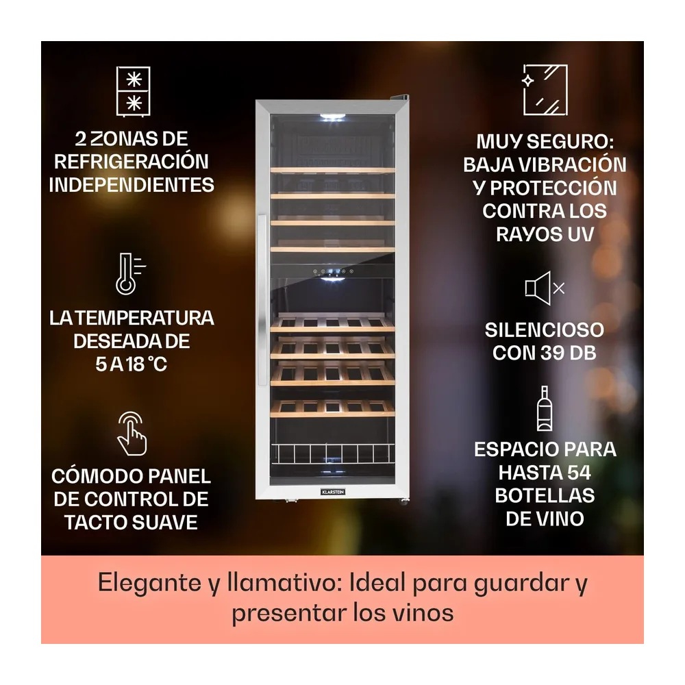 KLARSTEIN Vinoteca, 54 Botellas, Nevera Vinos de Dos Zonas Refrigeración, Nevera Expositora Vino y Cerveza, — 2
