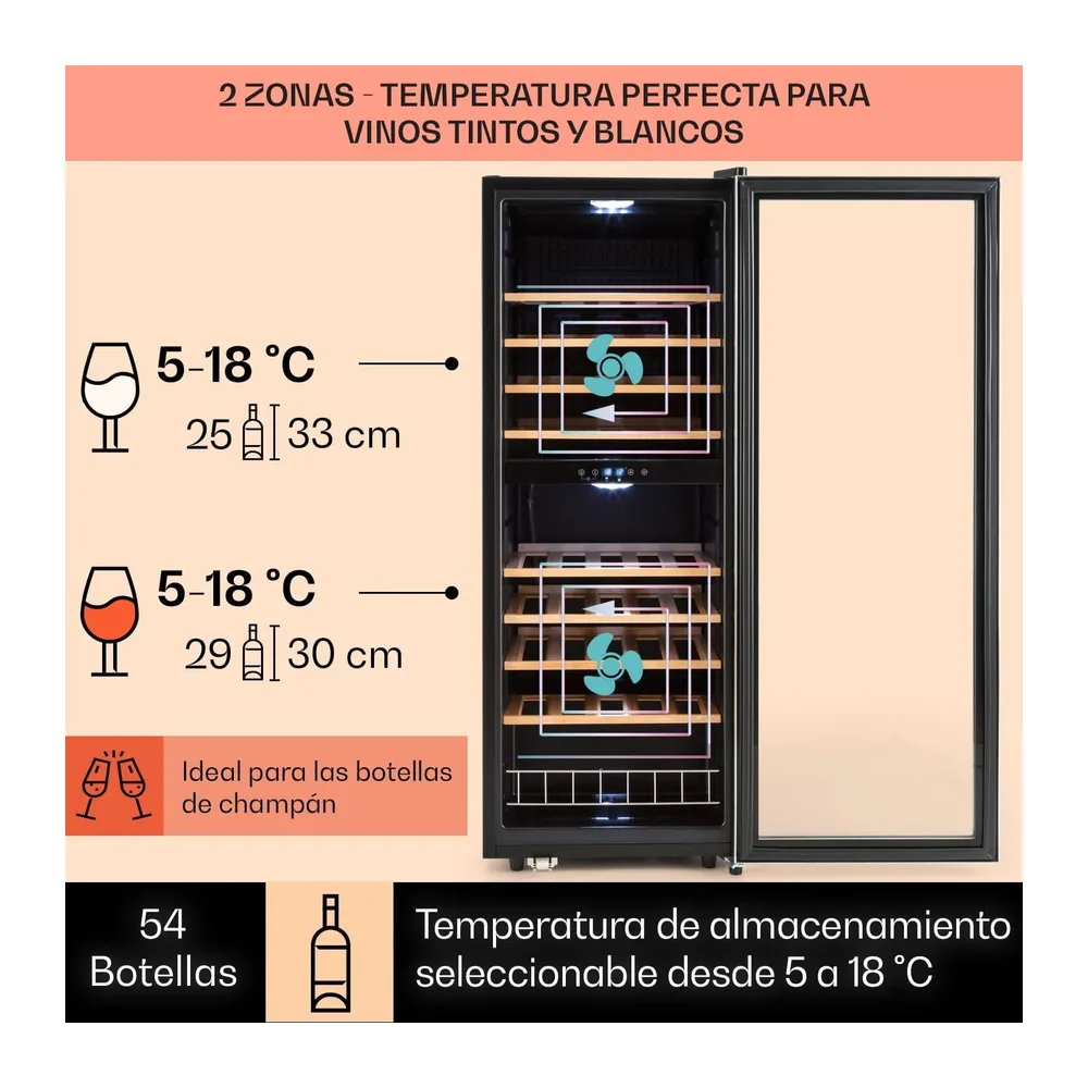 KLARSTEIN Vinoteca, 54 Botellas, Nevera Vinos de Dos Zonas Refrigeración, Nevera Expositora Vino y Cerveza, — 3