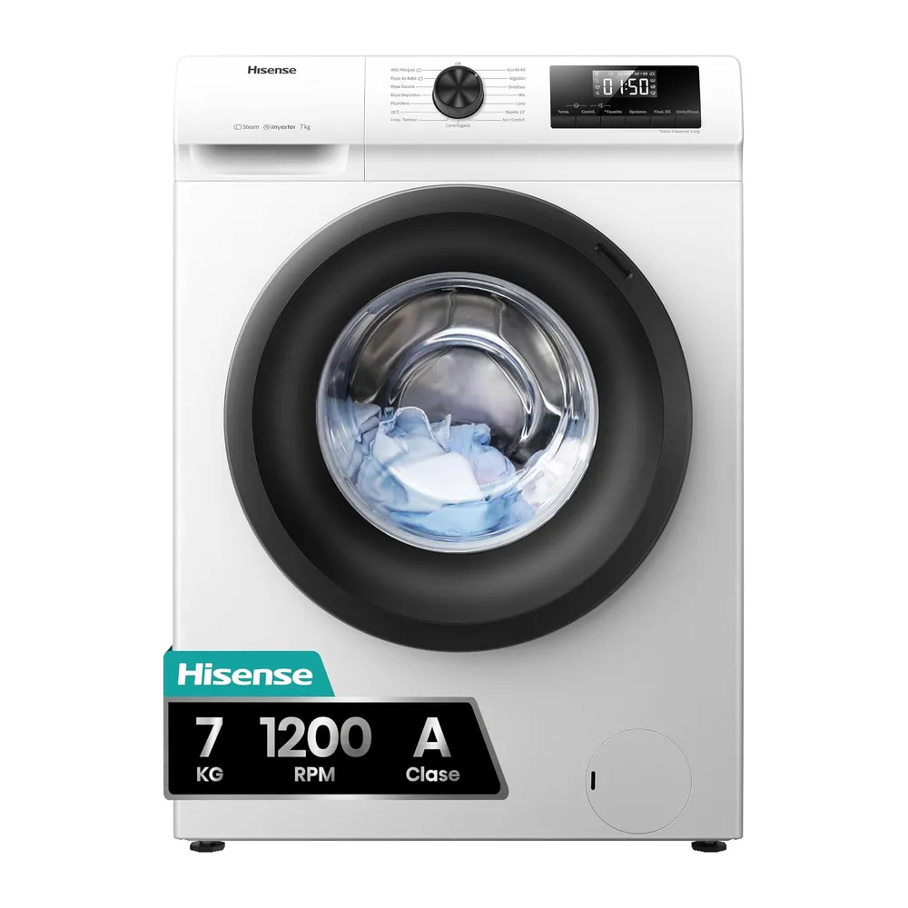 Hisense WFQP701219VM - Lavadora 7 Kg, 1200 rpm, Clase A, Fondo 60cm, Función Vapor 99,9%, Lav. Power 49’ y