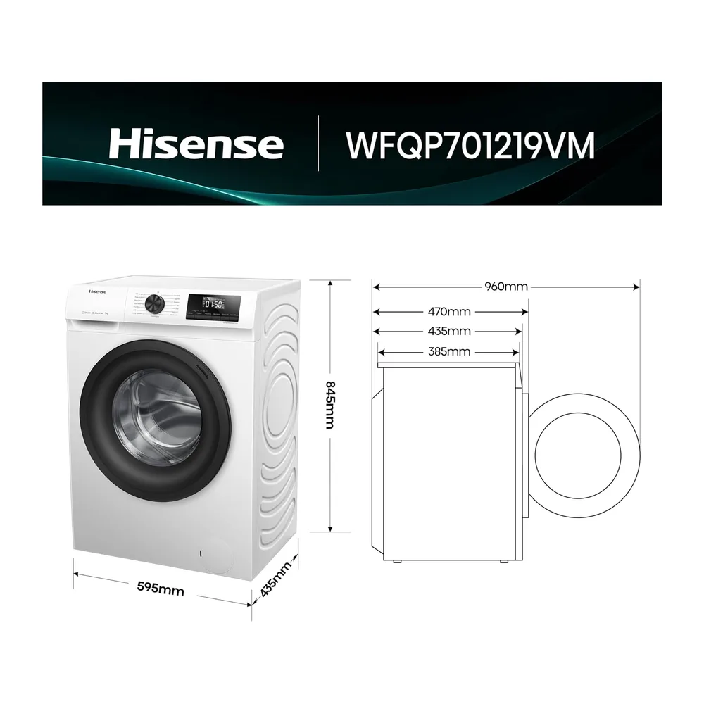Hisense WFQP701219VM - Lavadora 7 Kg, 1200 rpm, Clase A, Fondo 60cm, Función Vapor 99,9%, Lav. Power 49’ y — 2