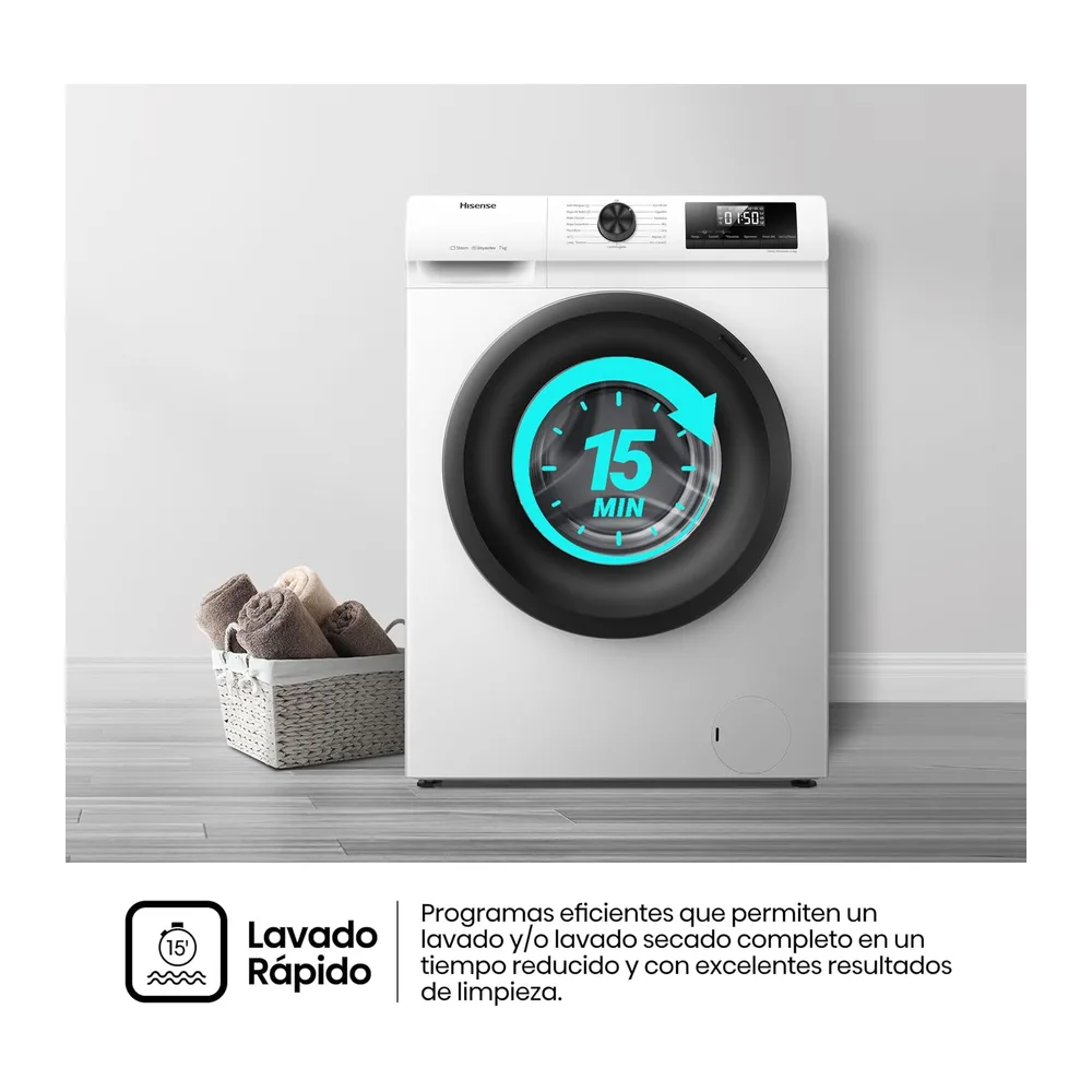 Hisense WFQP701219VM - Lavadora 7 Kg, 1200 rpm, Clase A, Fondo 60cm, Función Vapor 99,9%, Lav. Power 49’ y — 6