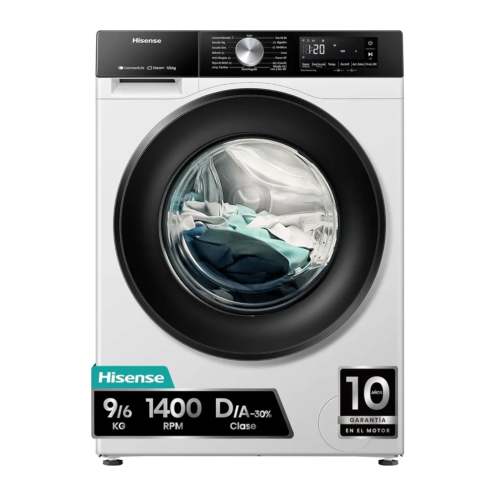 Hisense WD3S9043BW3-Lavadora Secadora, 9/6Kg, Class A-30%/D, 1400 RPM, Ancho 60cm, 15 Programas, Tecnología