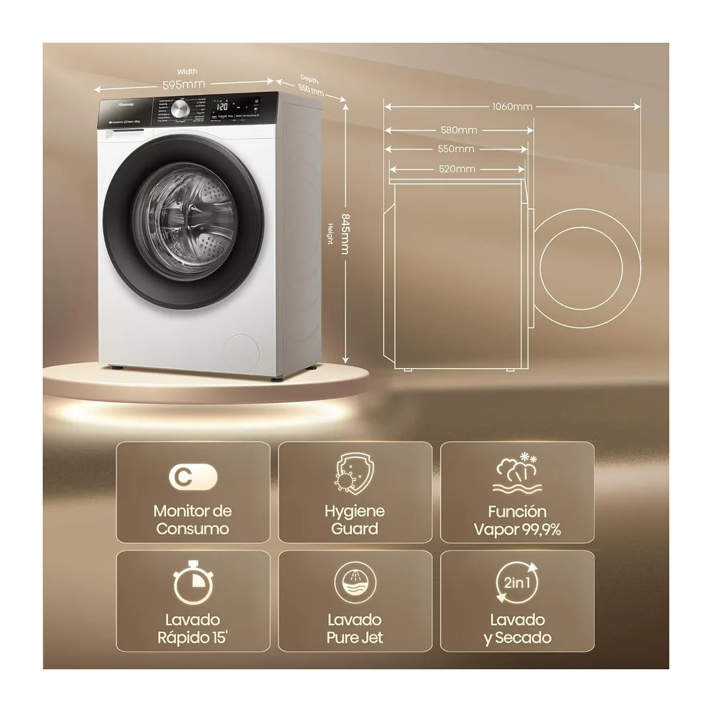 Hisense WD3S9043BW3-Lavadora Secadora, 9/6Kg, Class A-30%/D, 1400 RPM, Ancho 60cm, 15 Programas, Tecnología — 2