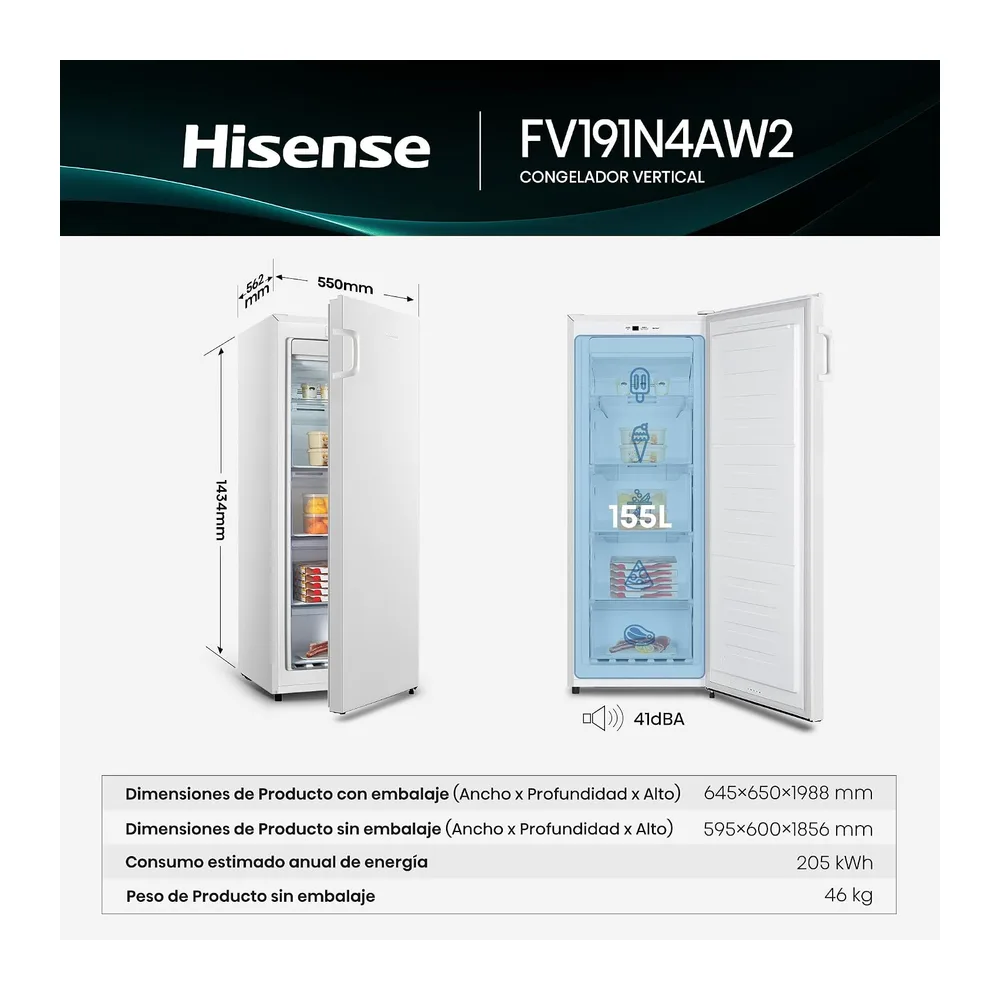 Hisense Congelador FV191N4AW2, TotalNoFrost/Superfreeze/ Alarma de puerta, Multiflow 360°/ BigBox/ 143,4 cm/ — 2