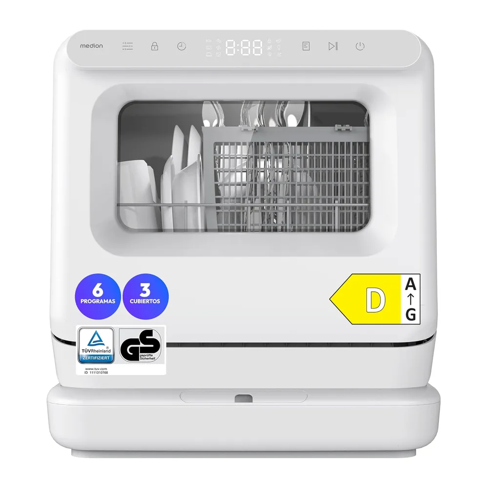 MEDION Mini Lavavajillas DWT30, 3 Servicios, Lavavajillas de Sobremesa, funciona con o sin conexión de agua,