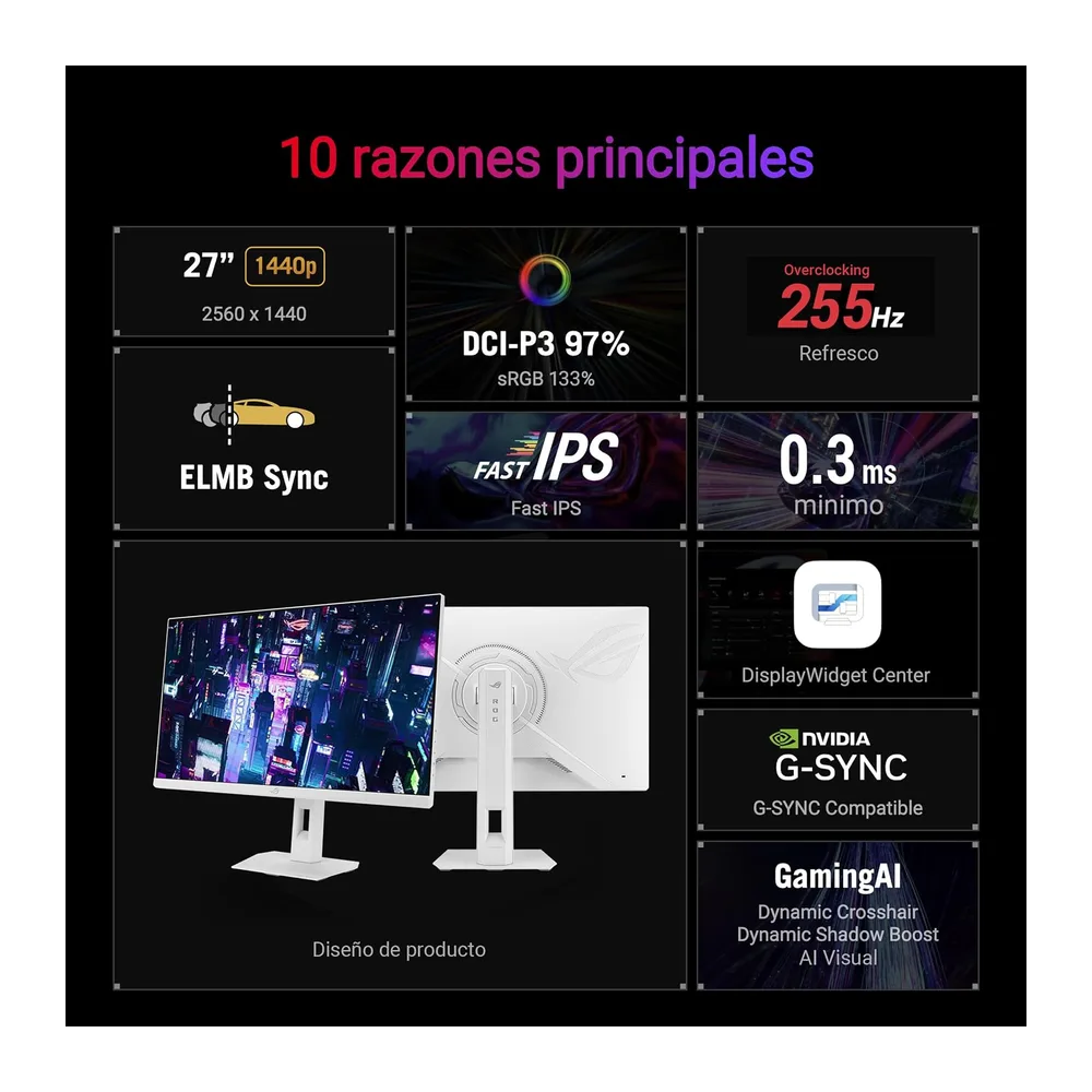 ASUS ROG Strix XG27ACMES-W - Monitor gaming de 27" (2560 x 1440, 255 Hz OC, 0,3 ms, Fast IPS, Extreme Low — 3