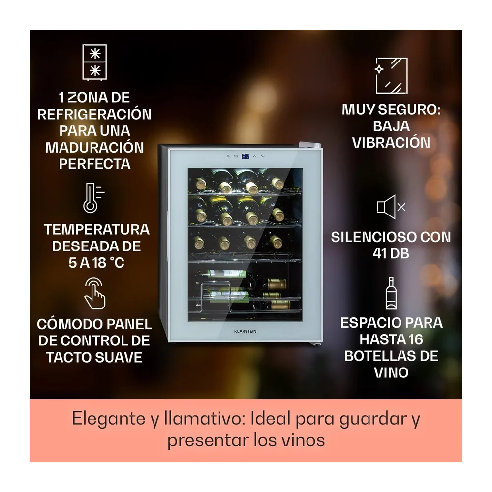 KLARSTEIN Shiraz Vinoteca Blanco – 16 Botellas, 42 L, 1 Zona | Nevera para Vinos de Libre Instalación, Puerta — 2