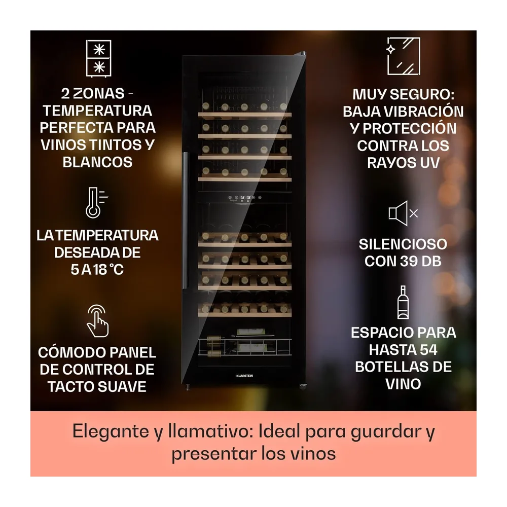 KLARSTEIN Vinoteca, 54 Botellas, Nevera Vinos de una zona, Nevera Expositora Vino y Cerveza, Vinoteca Pequeña — 2