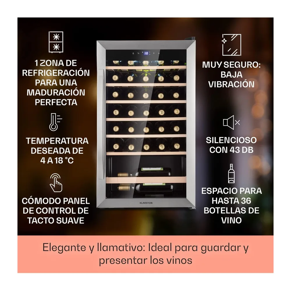 Klarstein Vinoteca, 36 Botellas, Nevera Vinos, Una Zona de Refrigeración, Nevera Expositora Vino y Cerveza, — 2
