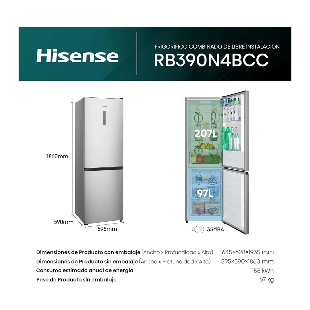 Hisense RB390N4BCC - Frigorífico Combi,No Frost, Inverter, Eficiente Clase C, Capacidad 304 L, 186 cm Al, — 2