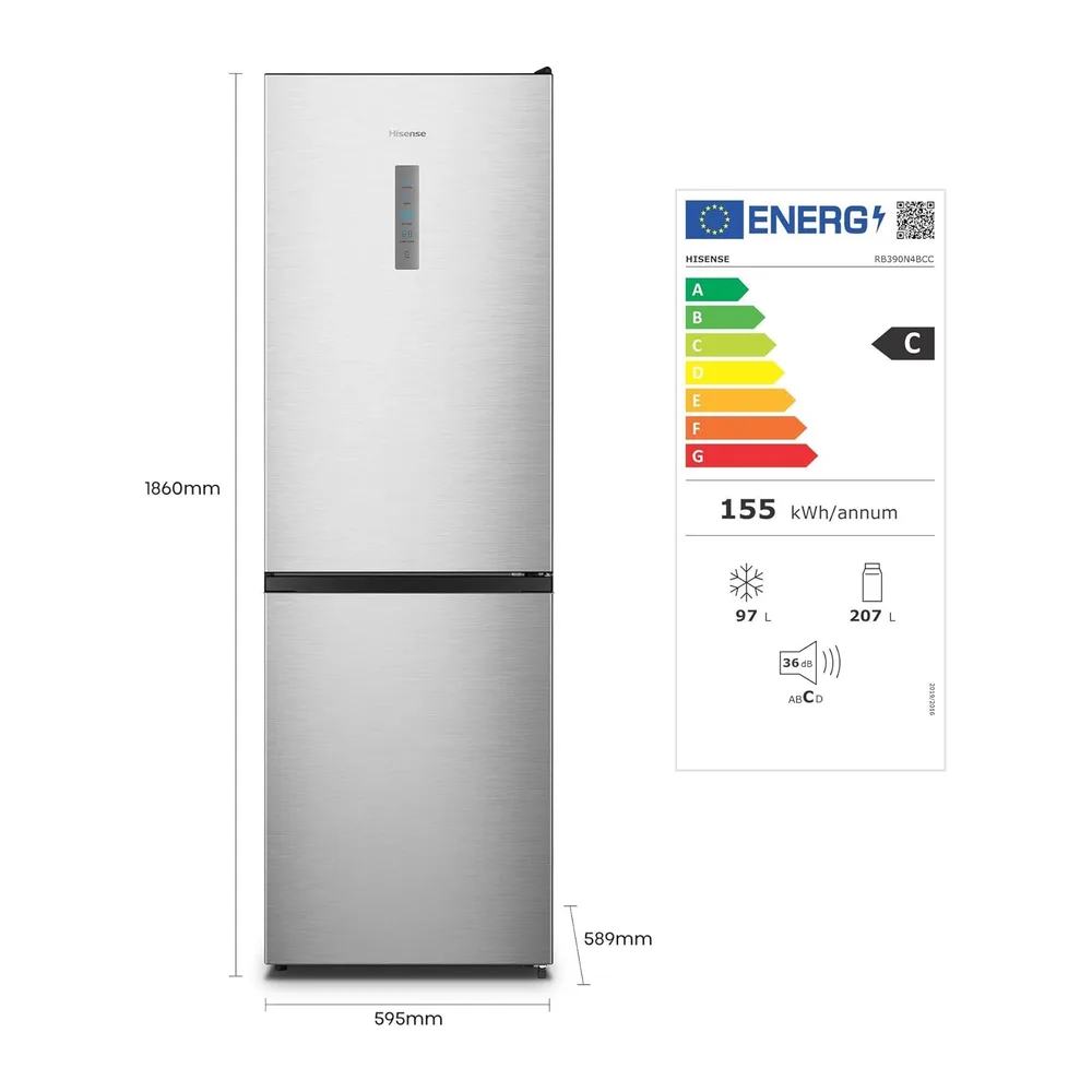 Hisense RB390N4BCC - Frigorífico Combi,No Frost, Inverter, Eficiente Clase C, Capacidad 304 L, 186 cm Al, — 3