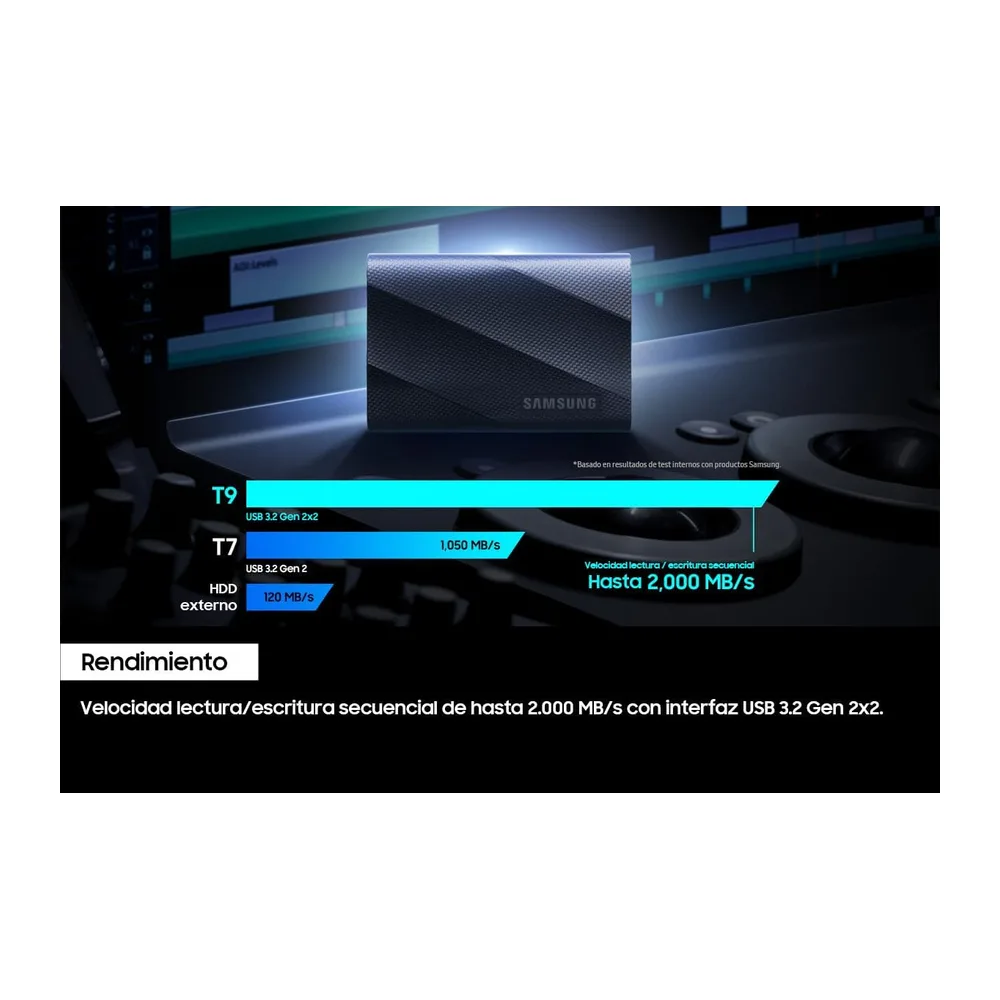 Samsung Portable SSD T9, 1 TB, Disco Duro Externo, Lectura y escritura 2.000 MB/s, USB 3.2 Gen.2x2, Para — 3