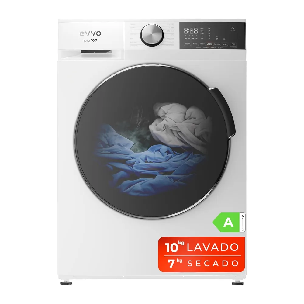 EVVO Lavadora secadora 10 kg + 7 kg, Vapor, Motor Inverter, Lavado y Secado en 1 Hora, Tambor ePROTECT, Smart