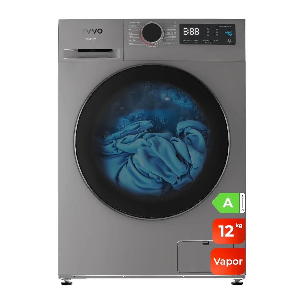 EVVO Lavadora 12kg, Vapor, Bajo consumo, Clase A, Motor Inverter, Hygiene Pro, Lavado Rápido 15', Tambor