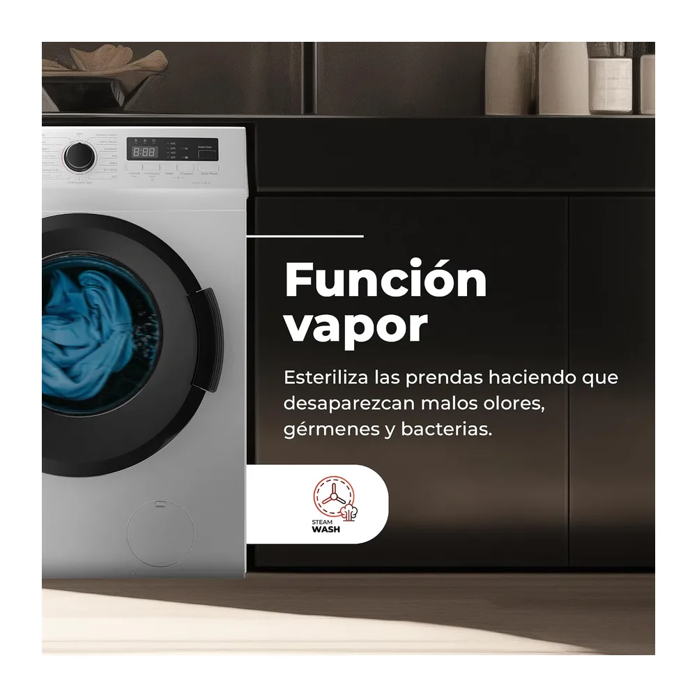 EVVO Lavadora 7kg, Vapor, Clase A, Motor Inverter, Lavado Rápido 15', Estrecha 40cm Profundidad, Bajo — 3