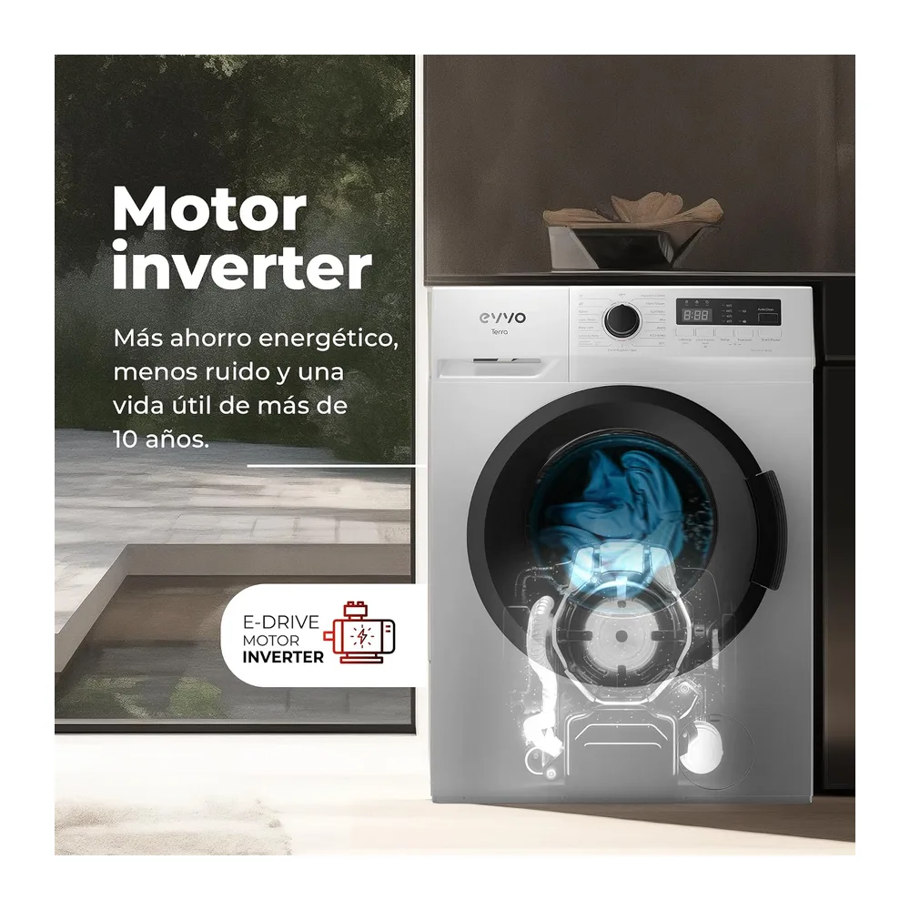 EVVO Lavadora 7kg, Vapor, Clase A, Motor Inverter, Lavado Rápido 15', Estrecha 40cm Profundidad, Bajo — 5