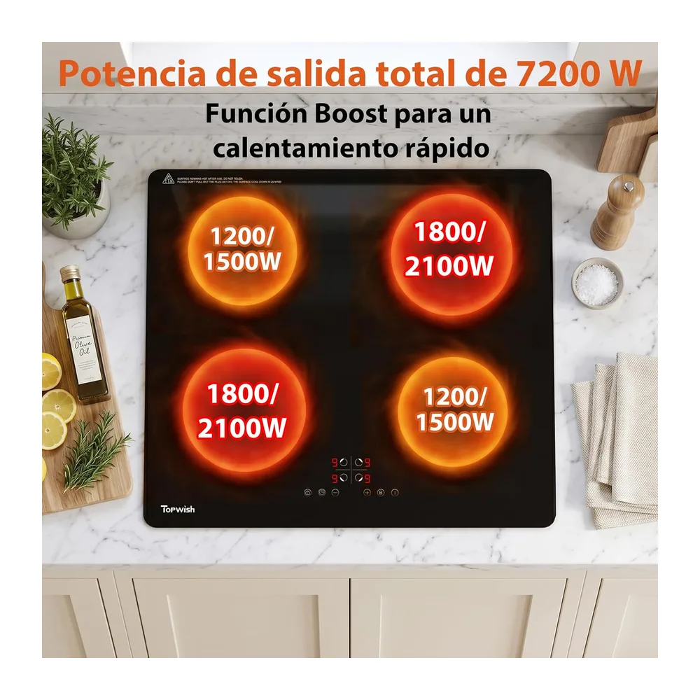Topwish placas de induccion, placa induccion 4 fuegos, 7200W, 60cm — 2