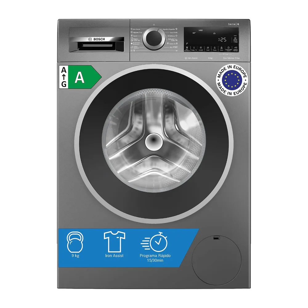 Bosch, Lavadora Serie 4, 9 kg, Silenciosa, Iron Assist, Acero, WGG244ZRES [Clase de eficiencia energética A]