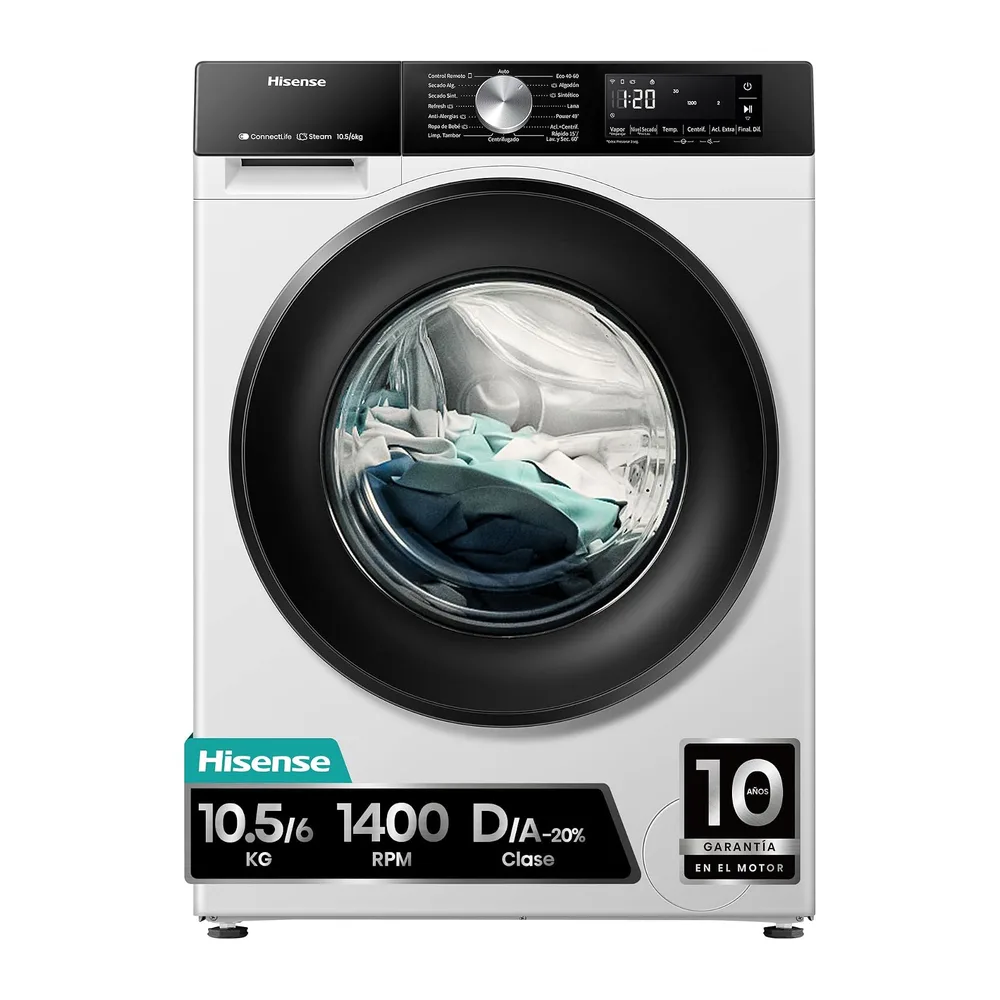 Hisense WD3S1043BW3 - Lavadora Secadora 2 en 1 con Vapor,Clase D/A, Carga Frontal 10.5 kg Lavado, Secadora 6