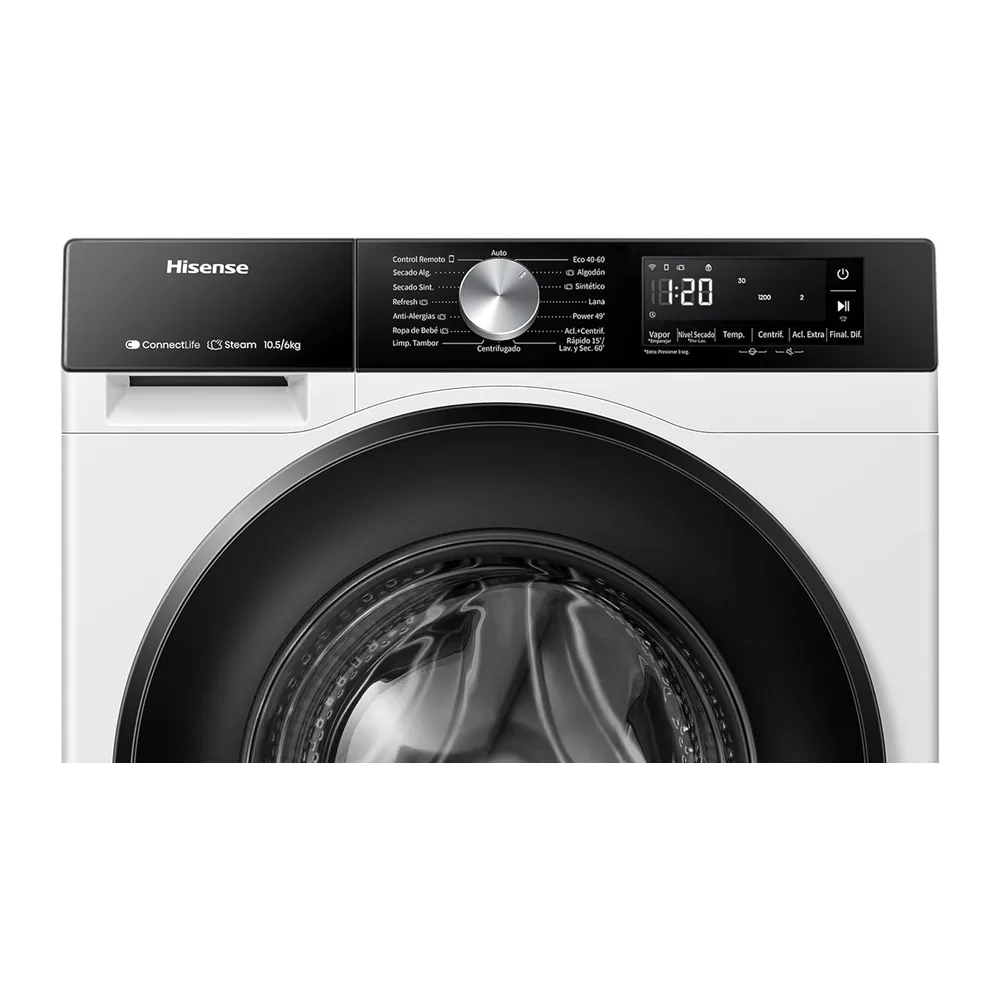 Hisense WD3S1043BW3 - Lavadora Secadora 2 en 1 con Vapor,Clase D/A, Carga Frontal 10.5 kg Lavado, Secadora 6 — 5