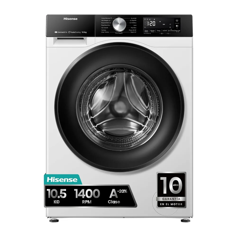 Hisense WF3S1045BW3 - Lavadora, Clase A, 10.5 kg, Auto Dosificación, Conectividad WiFi, Monitor de Consumo,