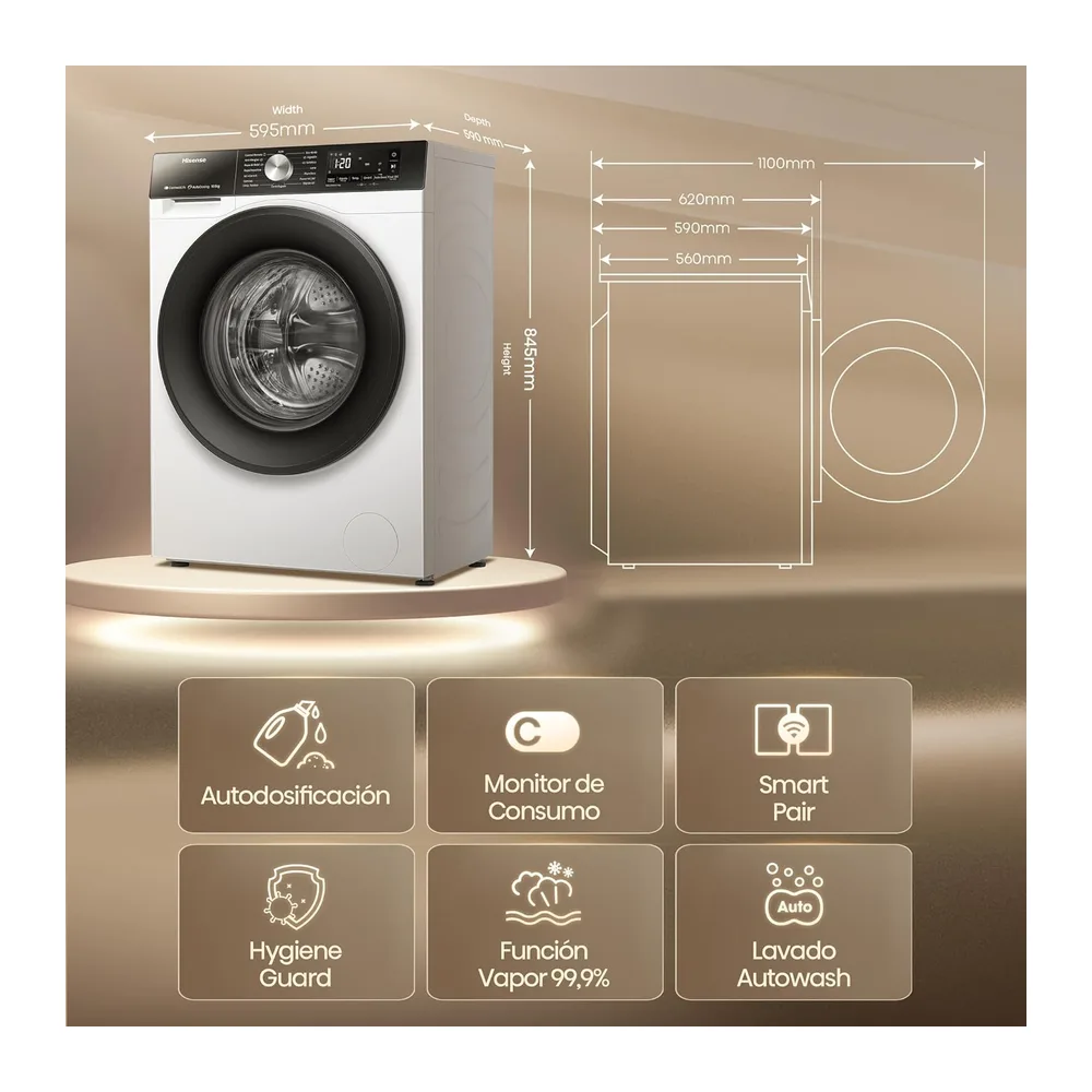 Hisense WF3S1045BW3 - Lavadora, Clase A, 10.5 kg, Auto Dosificación, Conectividad WiFi, Monitor de Consumo, — 2