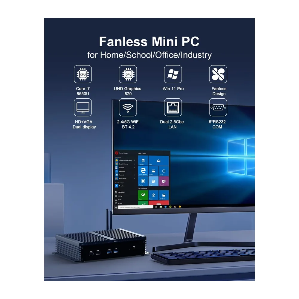Fanless PC Industrial Core i7 8550U Industrial Computer Desktop RS232 COM — 2