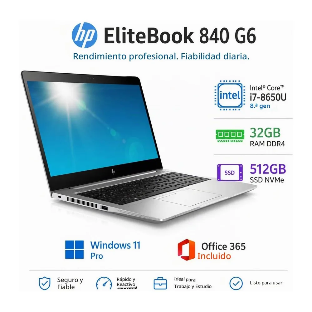 HP EliteBook 840 G6 14 pulgadas 1920 x 1080 Full HD Intel Core i7 8665U 512GB SSD HDD 32GB Memoria Windows 11 — 2