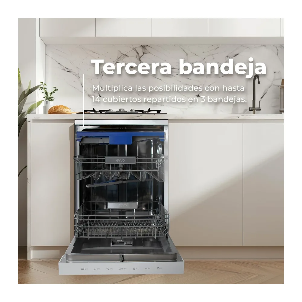 EVVO Lavavajillas 60 cm Ancho, Capacidad para 14 Cubiertos y Con Tercera Bandeja, Eficiencia B, 8 Programas — 6