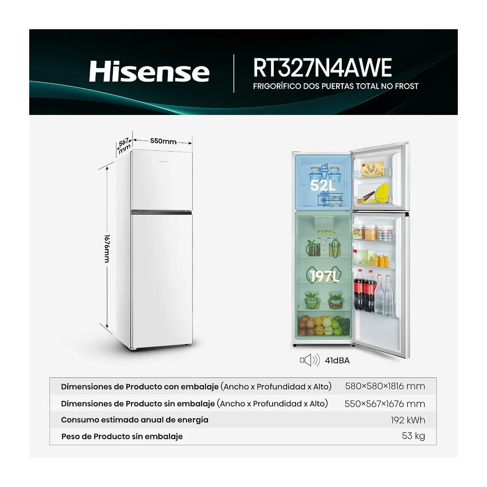 Hisense RT327N4AWE - Frigorífico 2 Puertas Total No Frost, 249L, 168cm, Multi Airflow, Puerta Reversible, — 2