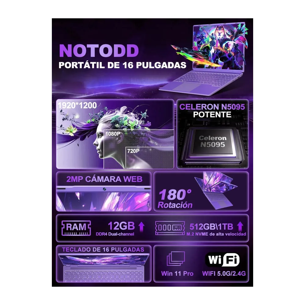 NOTODD Ordenador Portátil 16 Pulgadas Celeron N5095 Up to 2.9Ghz — 2