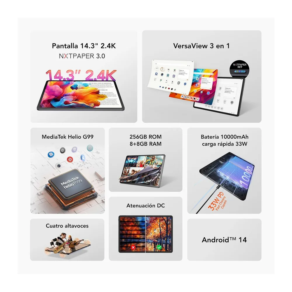 TCL NXTPAPER 14 WiFi - Tablet de 14.25" 2.4K, Octa-Core, 8GB de RAM (+8GB Extensión RAM), Memoria de 256GB, — 2