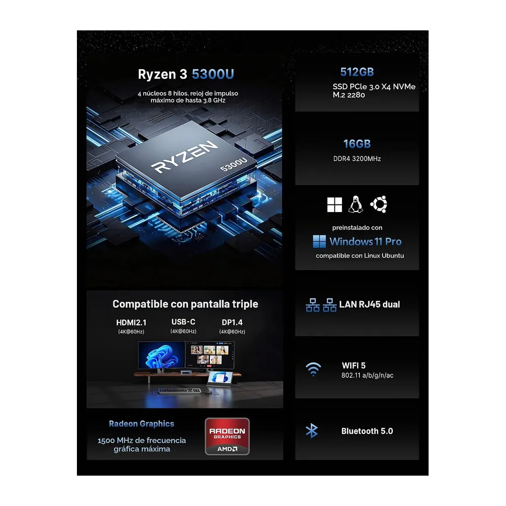 BOSGAME E5 Home-Office-Mini PC, Ryzen 5300U (Supera 4300U/N150, hasta 3.8GHz), 16GB DDR4 RAM 512GB NVMe SSD — 2