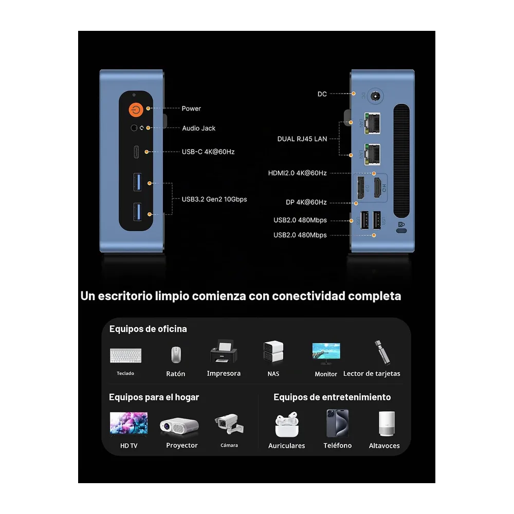 BOSGAME E5 Home-Office-Mini PC, Ryzen 5300U (Supera 4300U/N150, hasta 3.8GHz), 16GB DDR4 RAM 512GB NVMe SSD — 5