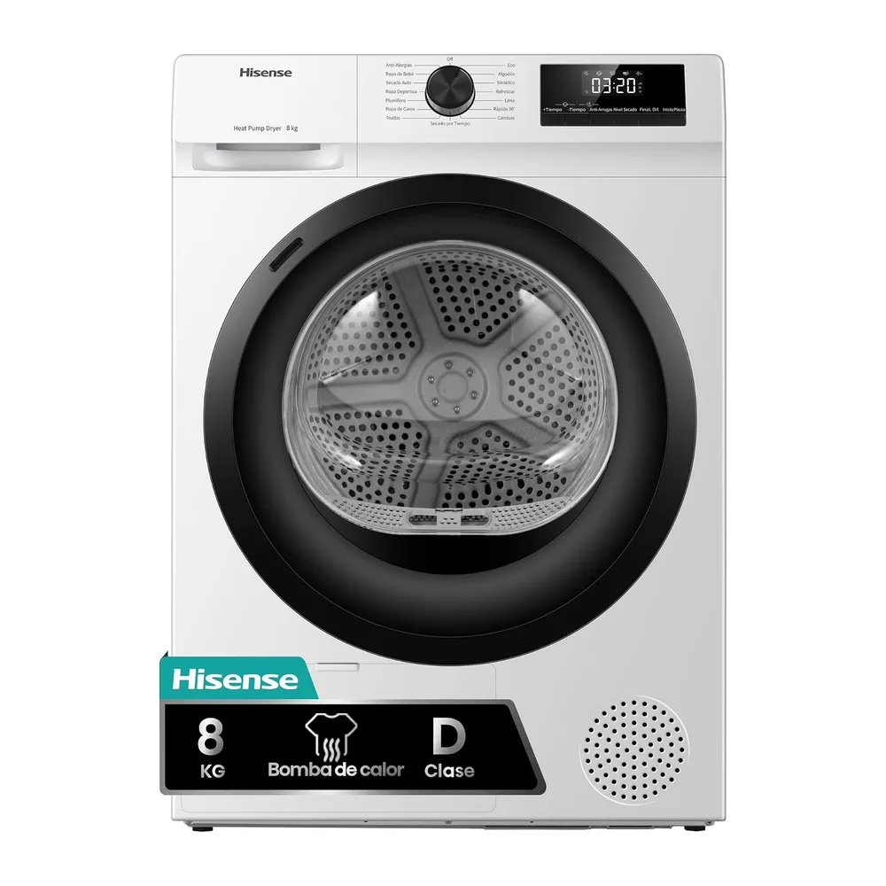 Hisense DHQE800BW2 - Secadora de Ropa, 8Kg, Clase D, Ancho 60cm, 16 Programas, Secado Automático, Secado