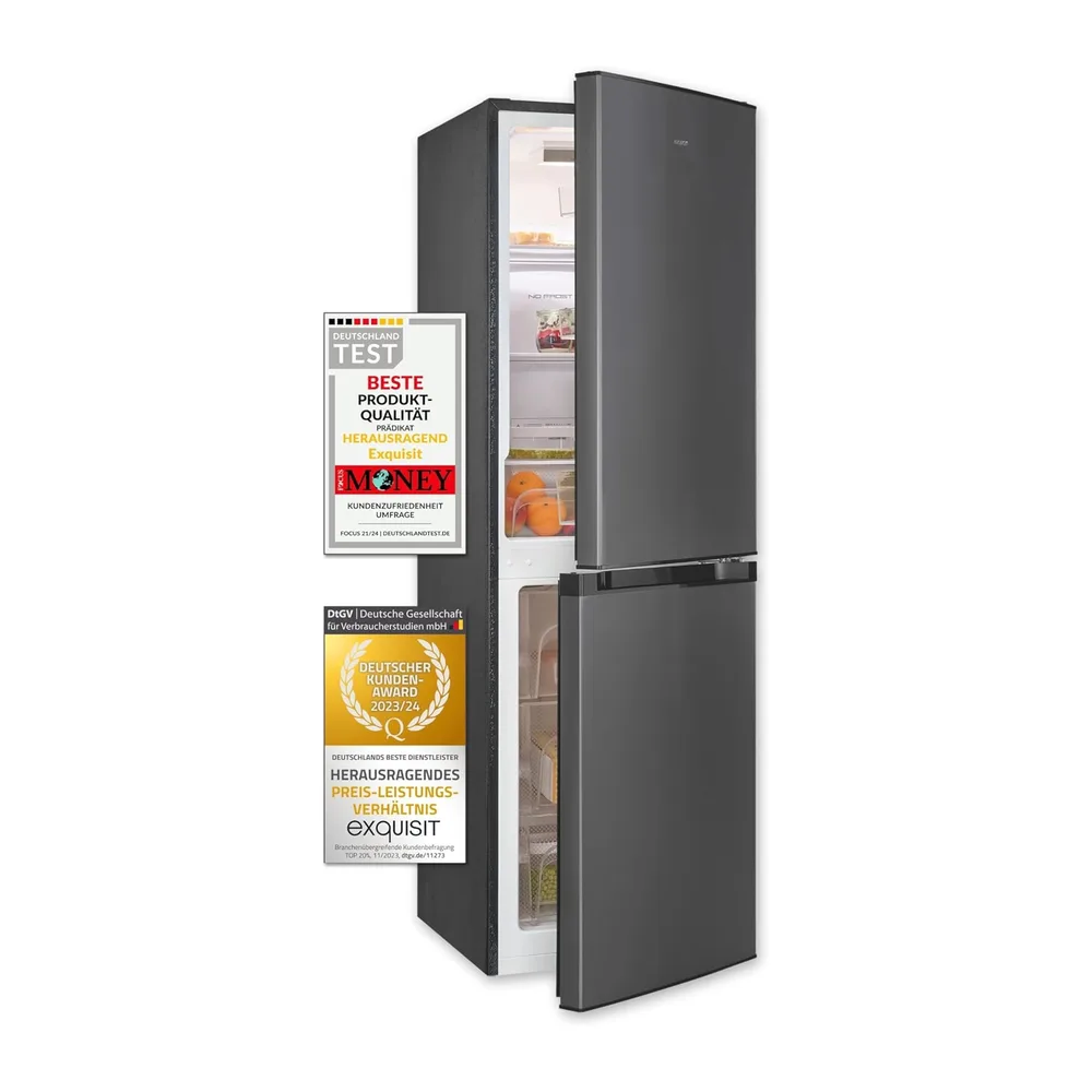 Exquisit® Frigorífico Combi No Frost 193L Inoxlook Antracita Clase E [Clase de eficiencia energética E]