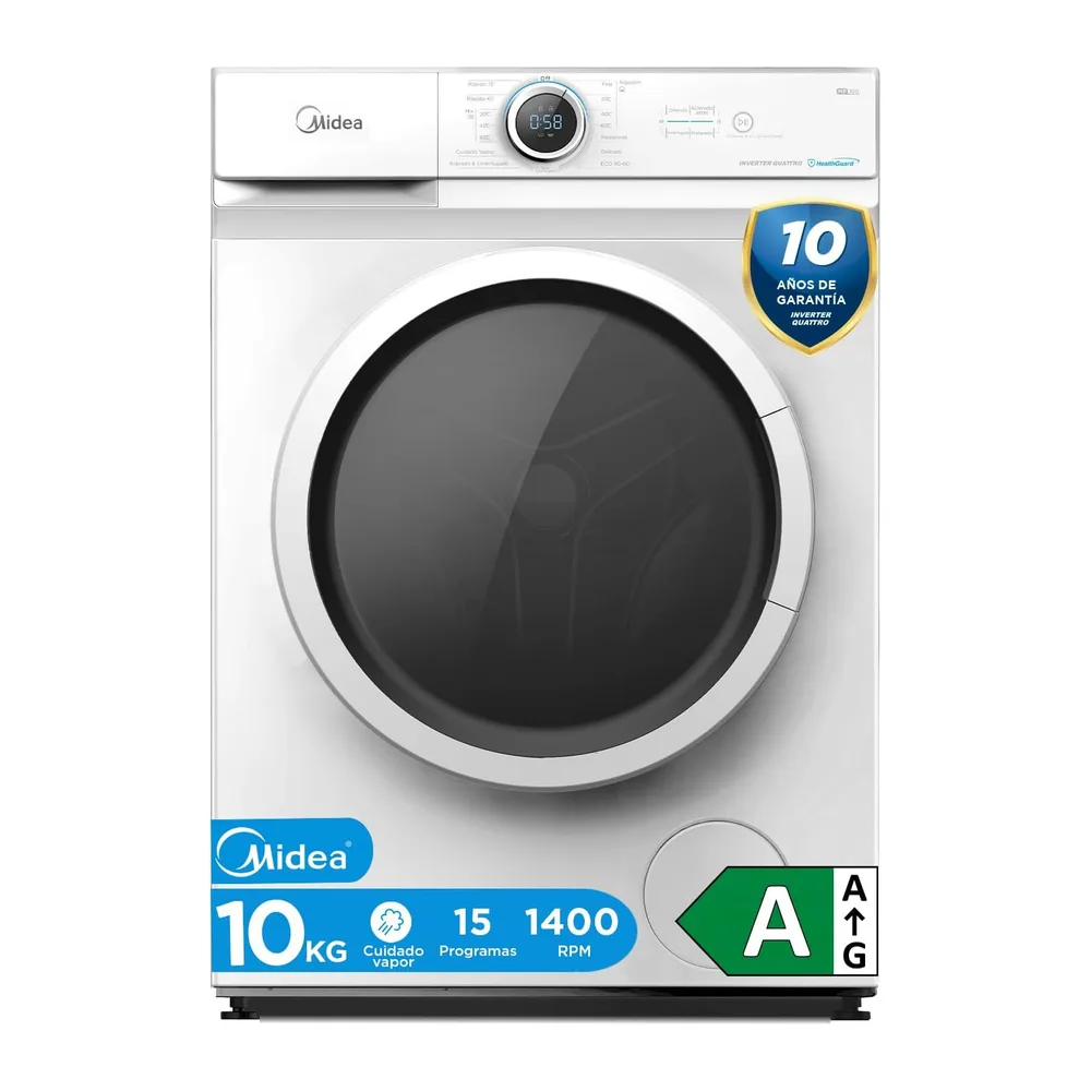 Midea Lavadora 10kg Carga Frontal 1950W, 1400 rpm con Motor Inverter - Lavadoras con 15 Programas y