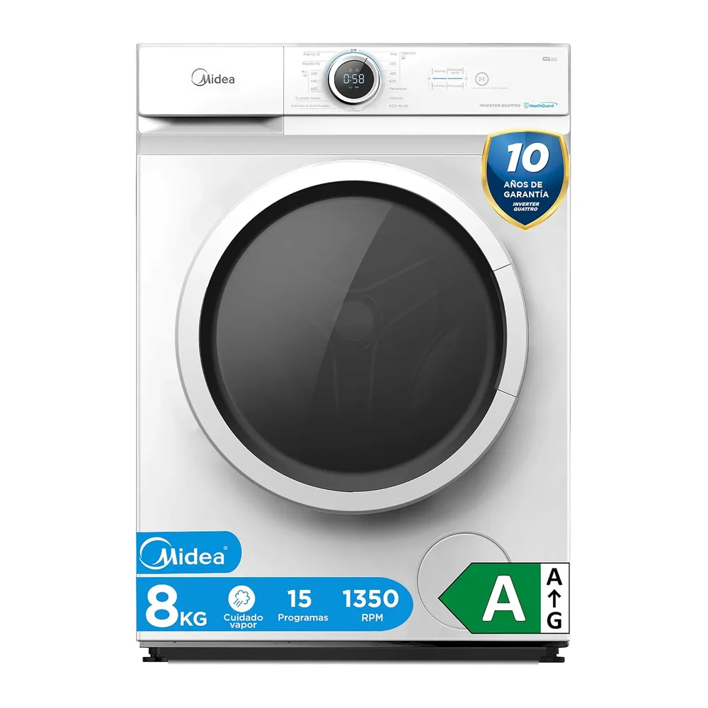 Midea Lavadora 8kg Carga Frontal 1950W, 1350 rpm con Motor Inverter - Lavadoras con 15 Programas y Tecnología