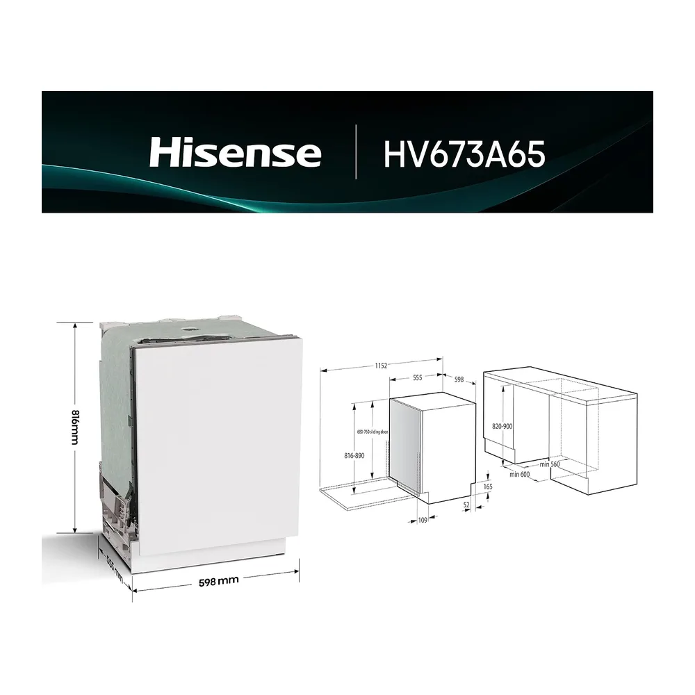Hisense HV673A65 - Lavavajillas de Integración, Class A, Capacidad 16 Servicios, Alto 81.6cm x Ancho 59.8cm, — 2