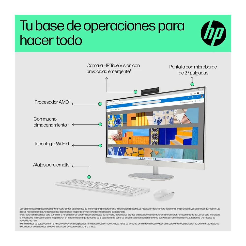 HP All-in-One 27-cr0007ss - Ordenador de sobremesa 27" Full HD con cámara, Teclado y ratón inalámbricos (AMD — 3