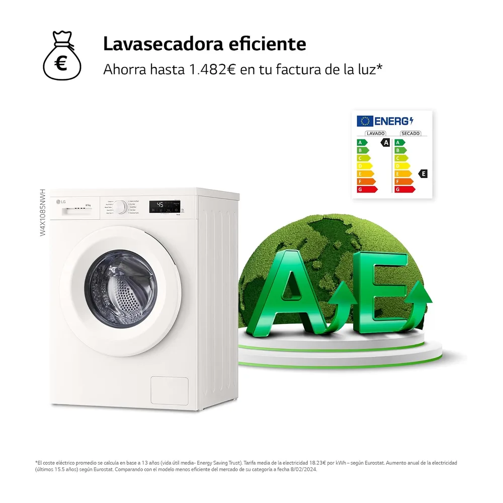 LG W4X1085NWH - Lavadora Secadora Inverter Direct Drive 8/5kg, 1400 rpm, 6 Motion, Vapor Steam, Wi-Fi ThinQ, — 3