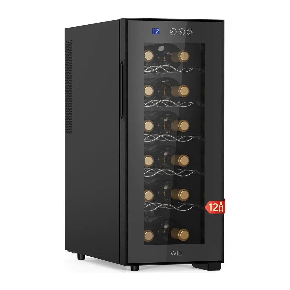 WIE Vinoteca 12 Botellas, 33 L Nevera Vinos, <26dB, 8-18°C con Pantalla Táctil Inteligente LED, Refrigeración
