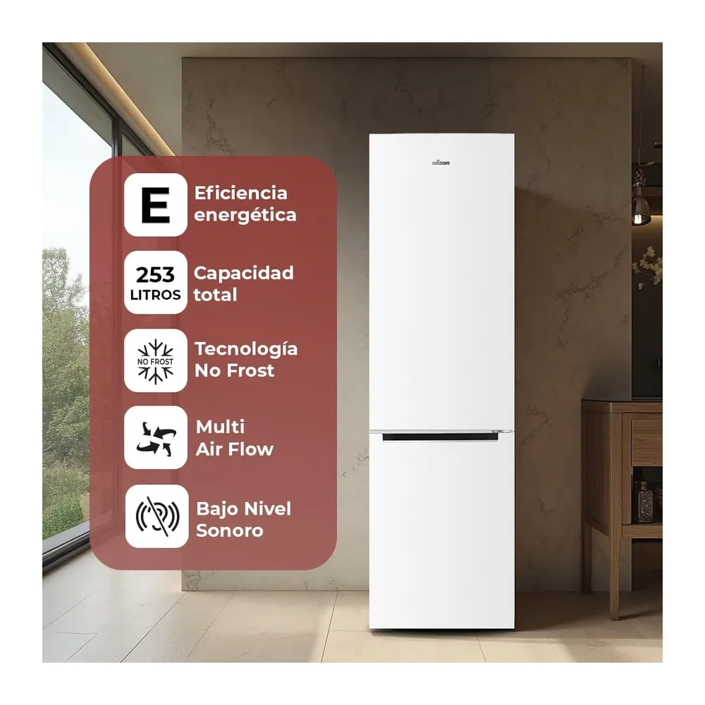 Nilson Frigorífico Combi Blanco, 2 Puertas. NC185500ENF, Capacidad 253 L, No Frost, Multi Air Flow, Bajo — 4