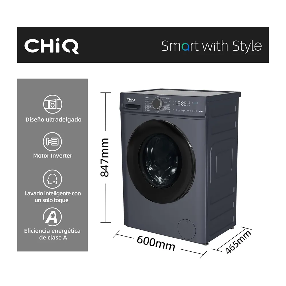 CHiQ 7kg Lavadora con Clase A y Ultra Estrecha Gris (CW07123863AX) [Clase de eficiencia energética A] — 2