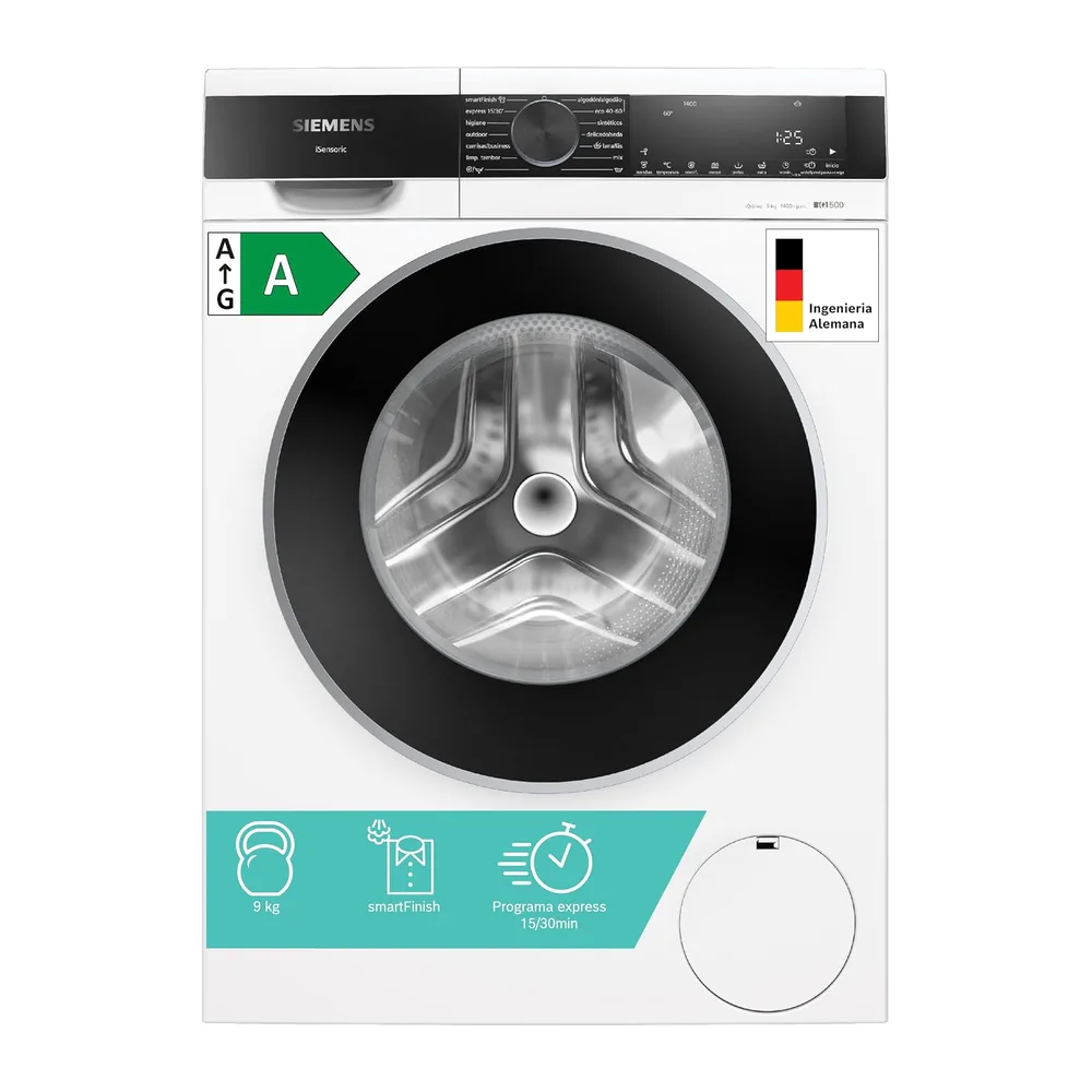Siemens, Lavadora de carga frontal, 9 kg, Blanco, 1400 r.p.m, WG44G2ZAES [Clase de eficiencia energética A]