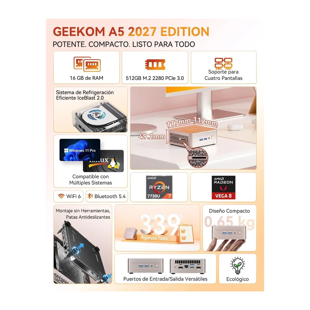GEEKOM 2027 A5 Business Mini PC, AMD Ryzen™ 7 7730U, 16GB DDR4 & 512GB SSD — 2