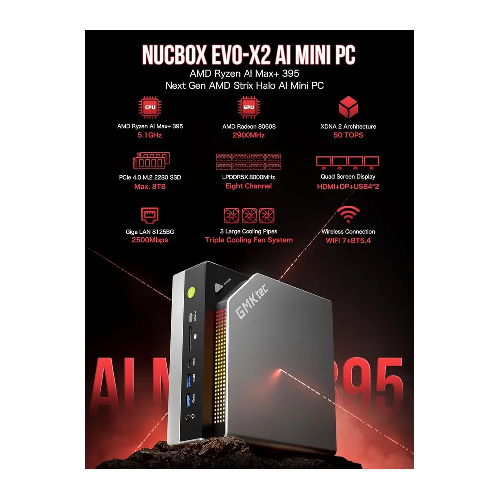 GMKtec EVO-X2 Mini PC AI AMD Ryzen AI MAX+ 395 (hasta 5,1GHz) Mini PC Gaming — 4
