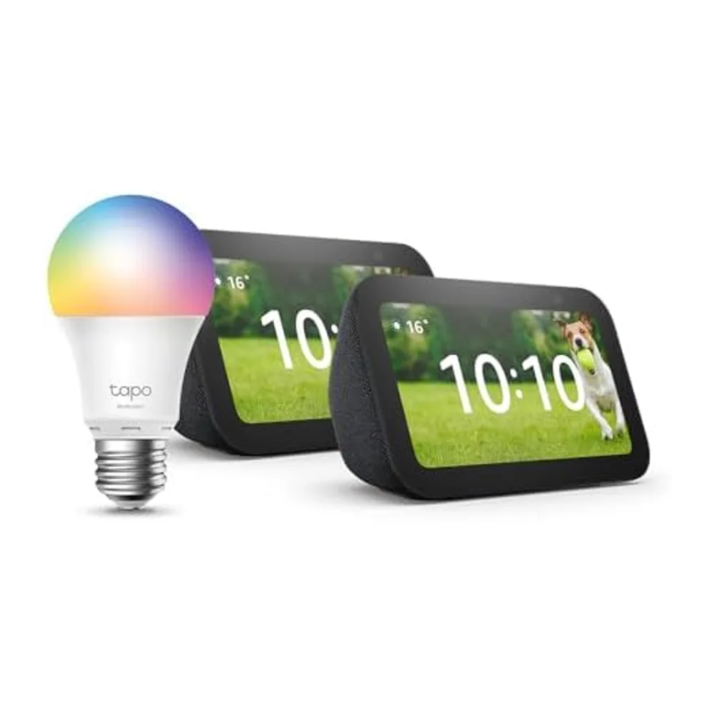 Echo Show 5 (3.ª generación) | Antracita, pack de 2 + Tapo L530EA Bombilla LED Inteligente (E27), Compatible